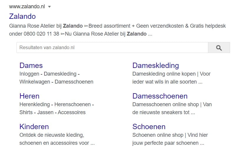 sitelinks bij Zalando