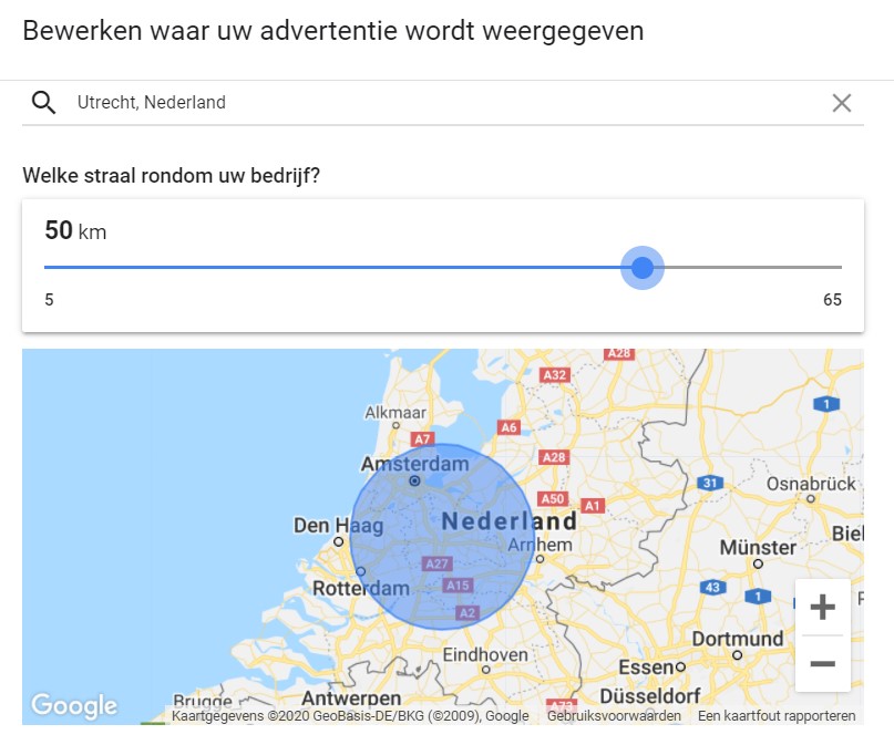Straal van advertentie aanpassen
