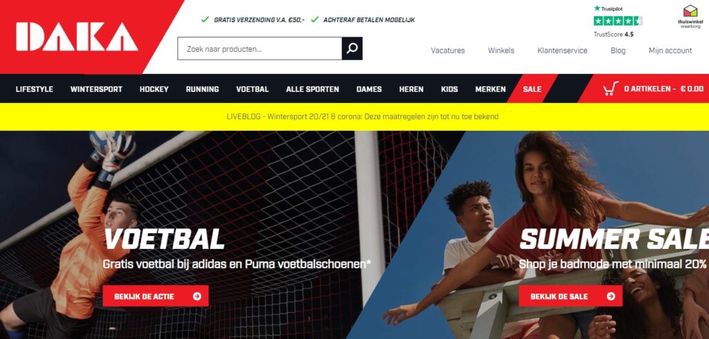 Daka sports sitestructuur